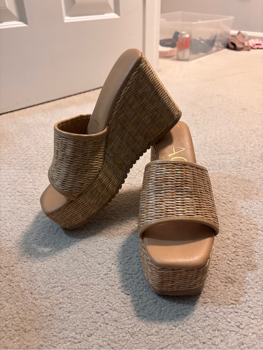 Woven Tan Platform Slide Wedges - Picture 2 of 5